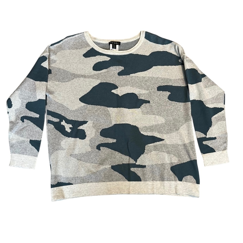 TRIBAL Women Blue‎ Camo Knit Sweater Top Long Sleeve Size L
